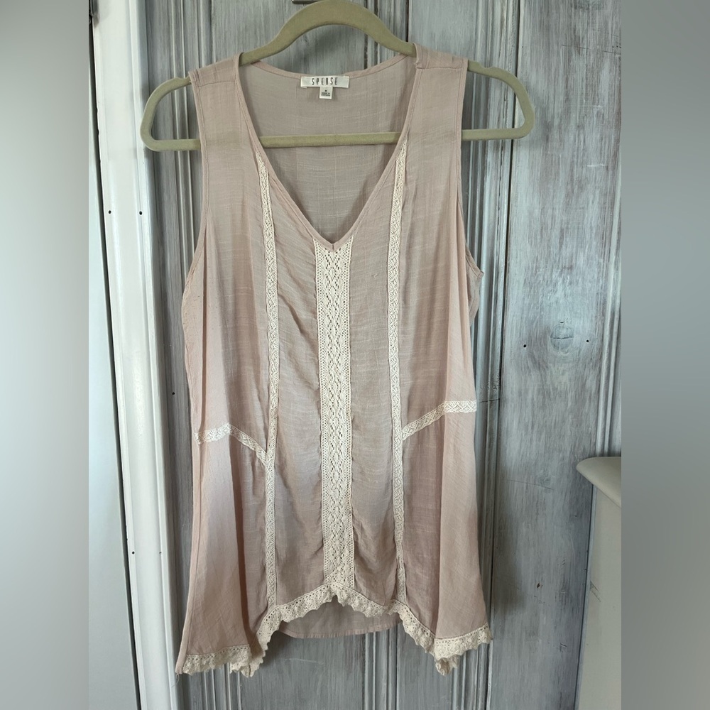 VTG SPENSE Y2K Asymmetrical V-neck crotchet cream tank top M boho fairy cottage